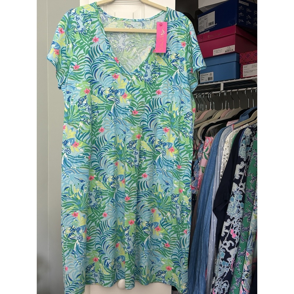 Lilly Pulitzer Etta T-Shirt Multi Via Parigi Blue Pink Lions XL Vacations Beach